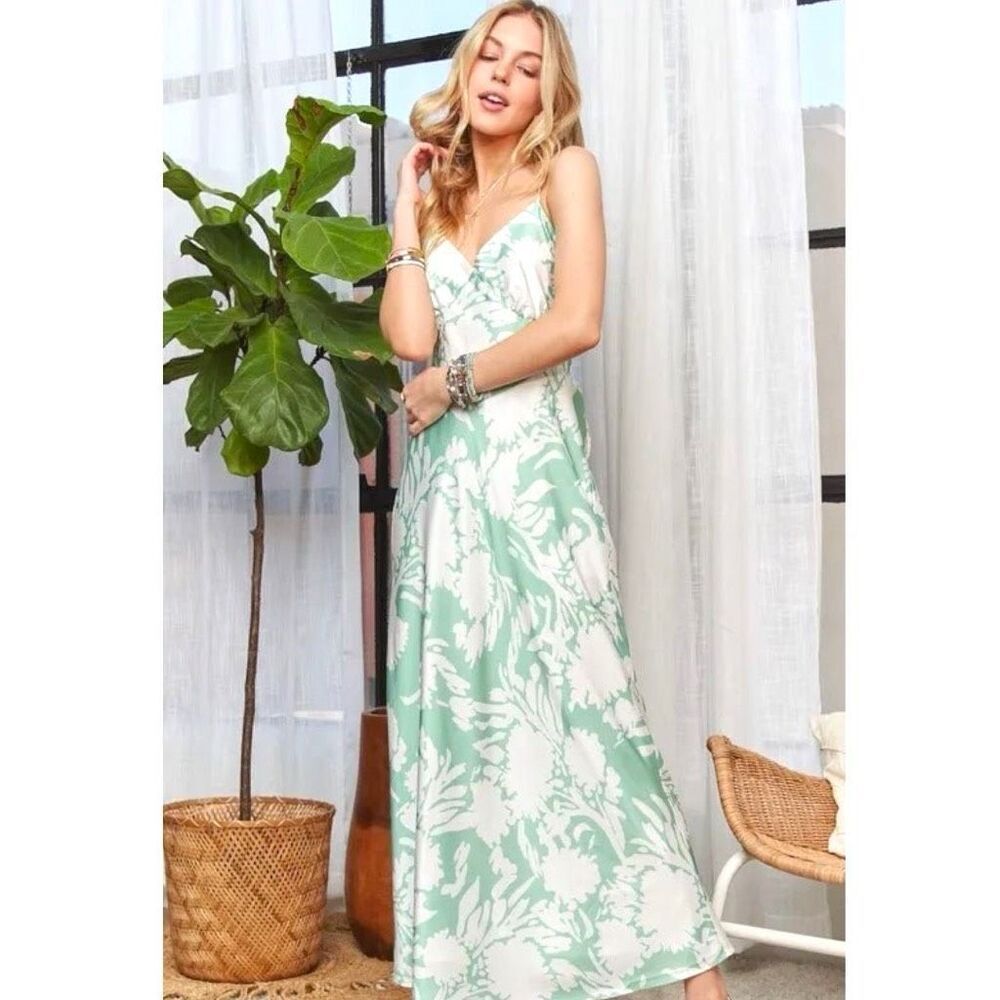Adora Eucalyptus Floral Silky Satin Open-Back Tie Maxi Dress NEW - Picture 3 of 13